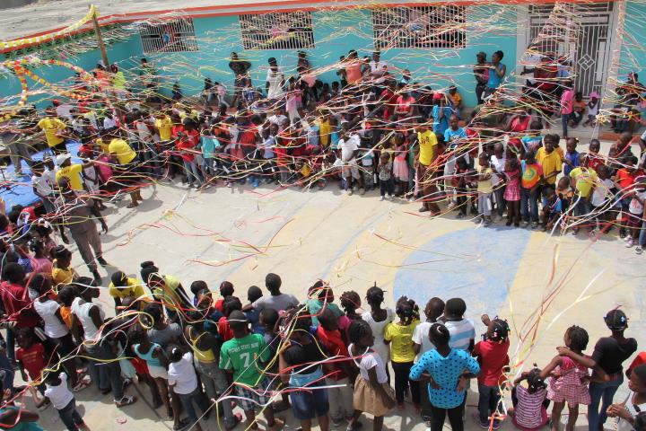 Figure 3: The compound filled with children and banners.